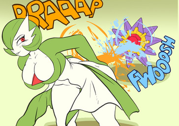 anthro attack bent_over breasts diarrhea duo feces female onomatopoeia playing pokemon_battle pooping pooping_into_water red_eyes sound_effects text water literalshitd nintendo pokemon gardevoir generation_1_pokemon generation_3_pokemon humanoid pokemon_(species) starmie hi_res