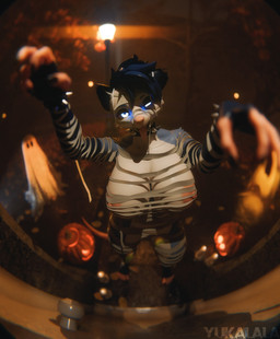 anthro breasts clothing costume female halloween_costume halloween_decoration holidays jack-o'-lantern mummy_wrappings nipples outside peephole solo yukalala halloween delphi_(sharkraus) american_opossum mammal marsupial virginia_opossum 3d_(artwork) absurd_res blender_(artwork) digital_media_(artwork) hi_res