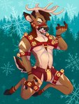 abs anthro antlers armband beckoning bedroom_eyes bell bell_harness blush body_hair bottomwear brown_body brown_fur bulge clothed clothing cloven_hooves facial_hair facial_tuft fangs forest forest_background fur gesture goatee green_eyes hair half-closed_eyes happy_trail harness holidays hooves horn jingle_bell jingle_bell_armband jingle_bell_harness jingle_bell_legband kneeling looking_at_viewer male markings muscular muscular_anthro muscular_male narrowed_eyes nature nature_background navel plant pubes seductive simple_background smile snowflake solo striped_body striped_fur striped_markings stripes tail tan_body tan_fur teeth tongue tree tuft underwear thehiggles christmas cervine deer mammal digital_media_(artwork) hi_res