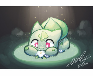 ambiguous_gender curious dark feral flower grass green_body lying on_front outside plant quadruped red_eyes solo gingy_k_fox nintendo pokemon bulbasaur elemental_creature flora_fauna generation_1_pokemon pokemon_(species) 2021 letterbox shaded soft_shading
