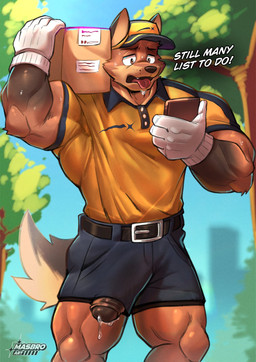 anthro barazoku belt biceps big_penis bodily_fluids brown_body brown_fur brown_nose cellphone clothed clothing delivery_(commerce) delivery_employee electronics erection erection_under_clothing fur genital_fluids genitals glans gloves handwear hat headgear headwear holding_object holding_phone huge_penis humanoid_genitalia humanoid_penis male muscular muscular_anthro muscular_arms muscular_legs muscular_male muscular_thighs open_mouth peeking_penis penis penis_poking_out phone precum smartphone solo tail text thick_penis thick_thighs tongue tongue_out unprofessional_behavior masbrowndog canid canine canis mammal wolf english_text hi_res