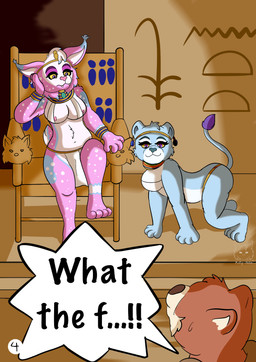 all_fours anthro bracelet breasts brown_body brown_fur chair clothed clothing dialogue ear_piercing ear_ring egyptian female fur furniture group headgear jewelry male necklace nipples piercing pink_body ring_piercing simple_background tail text throne throne_room white_body haty_arts hatysa felid feline felis lion lynx mammal mustelid otter pantherine comic digital_media_(artwork) english_text hi_res