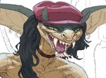 ambiguous_gender anthro big_ears biped black_hair clothing collar ear_piercing facial_piercing forked_tongue hair hat headgear headwear horn long_hair multiple_piercings narrowed_eyes nose_piercing nude open_mouth piercing red_clothing red_hat red_headwear sharp_teeth solo teeth tongue white_sclera yellow_eyes zaggatar deadlock valve ivy_(deadlock) gargoyle digital_media_(artwork) unfinished female_(lore)