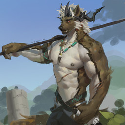 anthro arm_scar beard black_horn black_nose blue_sky brown_body brown_fur clothed clothing facial_hair fur hair horn looking_at_viewer male male_anthro mouth_closed muscular muscular_anthro muscular_male nipples outside red_eyes scar short_hair sky solo standing topless white_body white_fur white_hair awaldkize canid canine mammal 1:1 2024 absurd_res dated half-length_portrait hi_res portrait signature