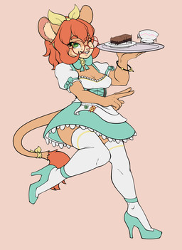 anthro apron breasts buckteeth cake clothing dessert dress eyewear female food footwear gesture glasses green_clothing green_dress green_eyes green_footwear green_high_heels hand_gesture high_heels legwear maid_uniform round_glasses shoes simple_background smile solo stockings tail teeth uniform v_sign white_clothing white_legwear white_stockings articaartes hollow_graham dipodomyine heteromyid kangaroo_rat mammal rodent 2025 digital_media_(artwork) hi_res