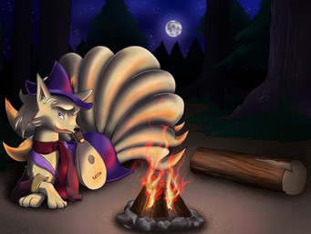bard camp campfire clothing feral fire forest hat headgear headwear log lute male moon multi_tail musical_instrument plant plucked_string_instrument scarf sky solo star starry_sky string_instrument tail tree wood kirlaicstorm nintendo pokemon fan_character canid canine fox generation_1_pokemon mammal ninetales pokemon_(species) 4:3 hi_res