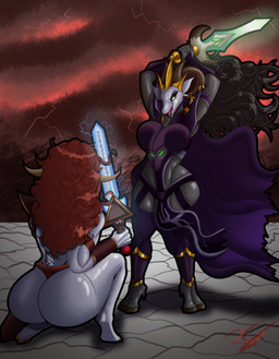 anthro armor big_butt black_hair black_lips bottomwear bracers breasts butt cape chest_tuft clothing cracked_ground crouching crown curly_hair duo ear_piercing eyelashes female fur glistening glistening_butt glowing glowing_eyes gold_(metal) gradient_fur green_eyes grey_body grey_fur hair headgear holding_object holding_weapon hooves horn horn_jewelry horn_ring huge_butt jewelry lightening lips loincloth long_hair markings melee_weapon mole_(marking) multicolored_body multicolored_fur muscular muscular_anthro muscular_arms muscular_female open_mouth piercing raised_sword rear_view red_hair red_sky ring_(jewelry) runes shoulder_armor shoulder_pads skull_symbol sky sword tail tuft unconvincing_armor weapon white_body white_fur irc_(artist) delilah_(therealnarrowjungle) princess_eliza_(therealnarrowjungle) angora_goat bovid caprine domestic_goat goat mammal absurd_res hi_res