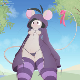 accessory anthro bikini black_bikini_bottom black_bikini_top black_hair bow_(feature) bow_accessory bow_ribbon breasts camel_toe clothed clothing exposure_variation eyewear female fur furgonomics genitals glasses grey_body grey_fur hair hoodie legwear long_sleeves open_clothing open_hoodie open_topwear panties partially_clothed pattern_clothing pattern_legwear pattern_stockings pattern_thigh_highs purple_clothing purple_legwear purple_thigh_highs pussy_peek ribbons simple_background solo stockings striped_clothing striped_legwear striped_thigh_highs stripes swimwear tail tail_accessory tail_bow tail_ribbon thick_thighs thigh_highs tied_bikini topwear two-piece_swimsuit underwear unzipped_jacket vulva vulva_slip conditional_dnp michelledb michelle_(michelledb) house_mouse mammal mouse murid murine rodent 2021 hi_res