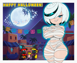 bandage bedroom_eyes breasts clothing costume female full_moon group hair hair_over_eye halloween_costume happy_halloween hat headgear headwear holidays looking_at_viewer machine male moon multicolored_hair mummy_costume mummy_wrappings narrowed_eyes navel night pyramid seductive short_hair smile trick-or-treating trio village white_hair witch_costume witch_hat the_knight eggman_empire halloween sega sonic_frontiers sonic_the_hedgehog_(series) cubot orbot sage_(sonic) digital_creature human humanoid mammal robot absurd_res hi_res