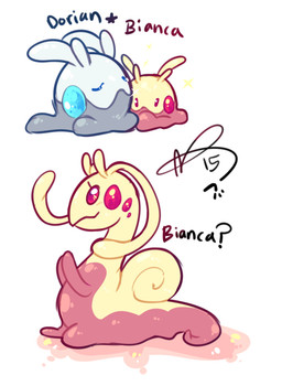 duo outline text flipside nintendo pokemon bianca_goodra dorain_goodra generation_6_pokemon goomy pokemon_(species) shiny_pokemon sliggoo 2015 digital_media_(artwork) full-length_portrait model_sheet portrait brother_(lore) brother_and_sister_(lore) sibling_(lore) sister_(lore)