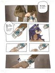 absurd_res anthro blue_hair bottle brown_body brown_fur canid canine canis clothed clothing comic container dialogue digital_media_(artwork) duo english_text female fur hair hi_res human male mammal mythological_canine mythological_creature mythology rekidesu ren_(rekidesu) text tsukiko_(rekidesu) water_bottle were werecanid werecanine werewolf wolf yellow_eyes