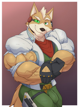 anthro arm_tuft barazoku belt biceps big_muscles border bulge bursting_out_of_clothing clothing elbow_tuft eyebrows eyewear fist flexing flexing_bicep forearm_muscles gloves green_eyes gun_holster hair handwear headgear holding_wrist huge_muscles jacket kerchief male muscular muscular_anthro muscular_arms muscular_male neck_muscles pecs pose raised_eyebrow red_kerchief scouter simple_background smile smiling_at_viewer smirk smirking_at_viewer solo tail tight_clothing topwear torn_clothing triceps tuft vein veiny_muscles wardrobe_malfunction whiskers white_border white_clothing white_jacket white_topwear kaioat nintendo star_fox fox_mccloud canid canine fox mammal absurd_res cel_shading digital_drawing_(artwork) digital_media_(artwork) hi_res shaded