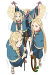 5_fingers biped blonde_hair braided_hair clothed clothing eyebrows female fingers green_eyes group hair humanoid_pointy_ears not_furry open_mouth jinou_rakugaki delicious_in_dungeon marcille_donato elf humanoid 2024 hi_res