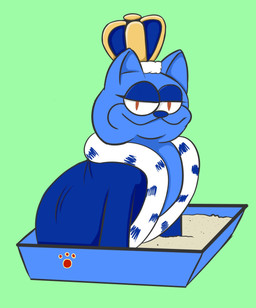 anthro blue_body blue_fur clothing crown female feral fur green_background headgear litter_box looking_at_viewer orange_eyes robe robe_only royalty simple_background smile solo conditional_dnp crizart quin-nsfw kitty_(averyshadydolphin) felid feline mammal 2018 hi_res