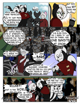 anthro arm_warmers armwear asian_clothing bird's-eye_view black_body black_fur black_hair bodily_fluids boots braided_hair chinese_clothing clothing cloud crowd dialogue duo east_asian_clothing fantasy footwear fur green_eyes group hair high-angle_view legwear male male/male motion_lines nervous red_eyes rock scarf shirt shoes silhouette sky star stockings sweat sweatdrop text topwear tunic white_body white_fur white_hair thibbycat mickey_(thibbycat) xin_(thibbycat) mammal mephitid mouse murid murine rodent skunk comic english_text hi_res