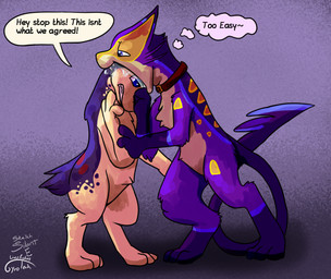blue_eyes collar countershading feral feral_pred feral_prey male male_pred male_prey markings mottled mottled_body on_hind_legs open_mouth oral_vore paws purple_body quadruped red_markings same_size_vore tan_body text unwilling_prey vore gyrotech silent_e nintendo pokemon arrox blitz_(gyro) fan_character generation_2_pokemon generation_5_pokemon liepard pokemon_(species) quilava english_text
