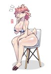 anthro big_breasts bikini breasts chair clothed clothing female fur furniture hair hooves horn looking_at_viewer nipple_outline on_chair pink_hair simple_background sitting sitting_on_chair skimpy solo swimwear thick_thighs two-piece_swimsuit white_background white_body white_fur tianiseul bovid caprine goat mammal hi_res