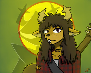 anthro antlers brown_hair buckteeth chin_piercing choker clothing ear_piercing eyebrow_piercing facial_piercing female flannel_jacket freckled_face freckles guitar hair horn jewelry long_hair looking_at_viewer musical_instrument necklace piercing plucked_string_instrument solo string_instrument teeth torn_clothing metal_fox117 deltarune undertale_(series) dess_holiday roaring_knight deer mammal