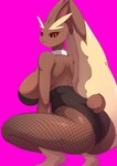 absurd_res anthro big_breasts big_butt biped breasts brown_body butt clothed clothing crouching eyelashes female fishnet_clothing fishnet_legwear generation_4_pokemon hi_res huge_breasts legwear looking_at_viewer looking_back lopunny nintendo open_mouth pokemon pokemon_(species) pupils solo son2j thick_thighs