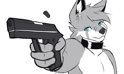 4_fingers angry anthro blue_eyes bullet_casing collar eyebrows facial_scar fingers fur gun handgun head_tuft holding_object holding_weapon inner_ear_fluff male multicolored_body multicolored_fur pistol ranged_weapon scar solo tuft weapon hidenafox canid canine fox mammal 5:3 hi_res monochrome