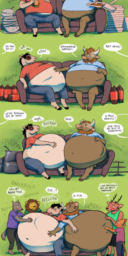 anthro belly big_belly brown_body burping furniture green_background group horn huge_belly male overweight simple_background sitting sofa speech_bubble text weight_gain 934 bovid bovine cattle equid equine horse mammal 2020 absurd_res english_text hi_res sequence