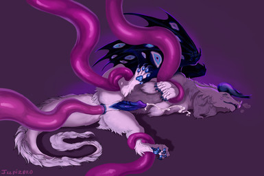 anal anal_penetration animal_genitalia animal_penis anus bdsm black_wings blue_claws blue_horn blue_pawpads blue_penis bodily_fluids claws cum cumshot ejaculation erection eyes_on_wings facial_markings feral fur genital_fluids genital_slit genitals gradient_penis head_markings horn male markings pawpads penetration penis restrained restraints solo tentacle_in_ass tentacle_penetration tentacles unusual_anatomy unusual_eye_placement unusual_wings white_body white_fur wings jupizoro mythology dragon furred_dragon furred_scalie mythological_creature mythological_scalie scalie hi_res