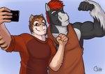 5_fingers anthro biceps black_body black_fur black_stripes blue_background blue_eyes brown_hair cellphone clothed clothing dog_tags duo electronics eyebrows fingers flexing front_view fur hair holding_object holding_phone male multicolored_body multicolored_ears multicolored_fur muscular muscular_male orange_body orange_clothing orange_fur orange_shirt orange_topwear phone pink_nose red_hair selfie shirt short_hair simple_background smile standing striped_body striped_fur stripes tank_top topwear two_tone_body two_tone_ears two_tone_fur white_body white_eyebrows white_fur pandacouch jodira equid equine felid horse mammal pantherine tiger 2017 digital_media_(artwork)