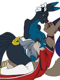 alternate_color anthro areola arm_tuft big_breasts black_sclera blue_eyes blush breast_grab breasts brown_body brown_fur cheek_tuft clothing dipstick_ears duo ear_markings elbow_tuft exposed_breasts eye_contact eyewear facial_tuft female female/female fur glasses gloves_(marking) half-closed_eyes hand_on_breast kneeling leg_markings legwear looking_at_another looking_pleasured markings mostly_nude multicolored_body multicolored_ears multicolored_fur narrowed_eyes nipples open_mouth reclining red_eyes simple_background smile socks_(marking) stockings straddling tail thigh_highs tuft two_tone_body two_tone_fur furball bandai_namco digimon fakemon mikomon shaitaomon 2019 3:4