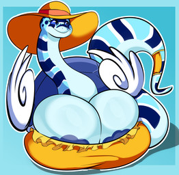 apode areola big_breasts bikini black_eyes blue_areola blue_body blue_sclera breasts busty_feral cleavage clothed clothed_female clothed_feral clothing female female_feral feral hat headgear headwear huge_breasts legless non-mammal_breasts serpentine shell smile solo sun_hat swimwear two-piece_swimsuit wings denizen1414 moon_(frostwolf300) draconcopode gastropod mollusk naga reptile scalie snail snake snittle 2025 digital_media_(artwork) hi_res