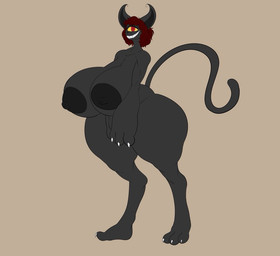 1_eye areola big_breasts big_butt big_hands black_body black_fur breasts butt female fur hair huge_breasts huge_butt nipples nude red_hair small_head solo thick_thighs wide_hips redmoon83 crescent_(coldfrontvelvet) cyclops demon felid feline mammal
