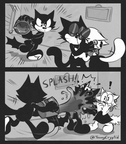 anthro black_body bucket container female group holding_bucket holding_container holding_object male pac-man_eyes sphere_earrings trio white_body toonycryptid felix_the_cat_(series) felix_the_cat kitty_kat domestic_cat felid feline felis mammal comic hi_res