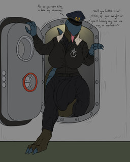 anthro balls big_balls big_breasts big_bulge big_penis big_tail bodily_fluids bottomwear breast_imprints breasts bulge captain claws clothed clothing coat detailed_bulge doorway drooling genitals gynomorph handle hat hatch headgear headwear hoodie huge_balls huge_breasts huge_bulge huge_penis hyper hyper_bulge imprint intersex looking_at_viewer pants paws peaked_cap penis plating revealing_outfit saliva seductive skimpy solo stepping submarine tail text thick_tail tight_bulges tight_clothing tongue tongue_out topwear uniform vehicle watercraft window zipper conditional_dnp samagthrav2 barotrauma aquatic arthropod crustacean monster mudraptor absurd_res english_text hi_res