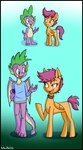 aged_up ambiguous_gender anthro black_border border clothing collar duo eyebrows eyelashes feral fingers green_eyes membrane_(anatomy) membranous_wings quadruped simple_background spiked_collar spikes tail wings young anibaruthecat friendship_is_magic hasbro my_little_pony mythology scootaloo_(mlp) spike_(mlp) dragon equid equine mammal mythological_creature mythological_equine mythological_scalie pegasus scalie 2024 absurd_res artist_name digital_media_(artwork) hi_res