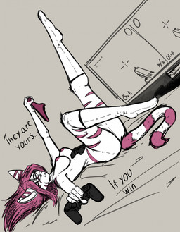 anthro breasts clothing controller female game_controller hair legwear long_hair markings panties pink_eyes pink_hair pink_markings solo stockings underwear vizelius susie_(furnaz) domestic_cat felid feline felis mammal hi_res