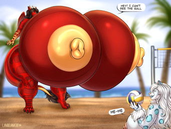 anthro beach big_breasts breasts duo female huge_breasts hyper hyper_breasts macro sea size_difference summer text water lavochnica mythology dragon felid mammal mythological_creature mythological_scalie pantherine scalie snow_leopard 4:3 absurd_res english_text hi_res
