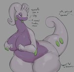 anthro big_breasts biped breasts dialogue female green_body purple_body simple_background slightly_chubby slightly_chubby_anthro slightly_chubby_female solo text gikowinko nintendo pokemon generation_6_pokemon goodra pokemon_(species) english_text hi_res