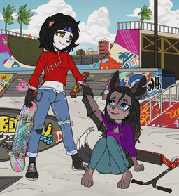 accessory adolescent anthro bottomwear clothed clothing duo feet female footwear fur graffiti hair headband holding_object holding_skateboard looking_at_another membrane_(anatomy) navel outside pants shoes sitting skate_park skateboard smile tail toes topwear vehicle young young_anthro young_female gogogrey bat bear giant_panda mammal digital_media_(artwork) hi_res