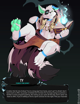 2_tails abstract_background book bottomwear clothing dialogue dialogue_box elemental_manipulation feral fire fire_manipulation floating flying fur fur_clothing loincloth looking_at_viewer magic magic_user male multi_tail open_book pawpads solo tail talking_to_viewer text white_body white_fur viola_bat hades_(game) canid canine canis mammal wolf absurd_res cel_shading english_text hi_res shaded