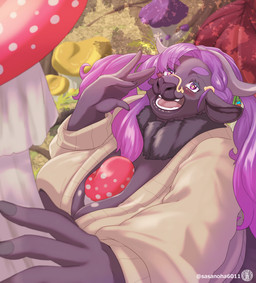 5_fingers anthro between_breasts black_body black_fur black_tuft blush breasts cross_pupils eyebrow_through_hair eyebrows eyelashes eyewear female female_anthro fingers fungus fur glasses grass grey_horn hair high-angle_view horn long_hair mushroom mushroom_between_breast neck_tuft open_mouth outside plant purple_eyes purple_hair smile solo thick_eyebrows translucent translucent_hair tuft sasanoha6011 bovid bovine cattle mammal hi_res