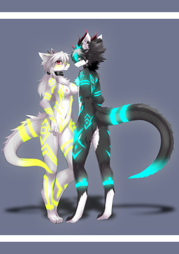 anthro anthro_on_anthro balls black_body black_fur black_hair breasts chest_tuft claws collar digitigrade duo feet female fur genitals glowing grey_body grey_fur grey_hair hair hindpaw horn long_hair looking_at_viewer male male/female markings navel nipples nude paws ponytail red_eyes scar shadow simple_background standing tail tuft vulva white_body white_fur wolflong unknown_species character_request