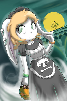 anthro black_clothing black_dress blonde_hair bone bracelet candy cemetery clothed clothing dessert dress eyeshadow female floppy_ears fog food fruit fur green_eyes hair jewelry makeup plant pumpkin skull solo sun tombstone white_body white_fur goshaag freedom_planet galaxytrail milla_basset basset_hound canid canine canis domestic_dog hunting_dog mammal scent_hound 2015 hi_res