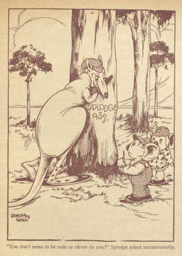 anthro clothing context_in_descripton footwear group hat headgear headwear humor joke overalls plant shoes tree trio dorothy_wall blinky_bill_(series) public_domain blinky_bill nutsy_koala splodge_kangaroo kangaroo koala macropod mammal marsupial vombatiform 1937 1939 20th_century ancient_art hi_res signature