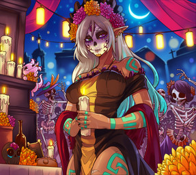 alcohol ambiguous_gender arm_tattoo beer beverage big_breasts bone bread breasts candle dancing female female_focus fire flower food grey_hair group hair holding_candle holding_object holidays humanoid_pointy_ears long_hair looking_at_viewer male moon night orange_flower outside plant pointy_ears skeleton solo_focus tattoo vlizz day_of_the_dead amphibian animated_skeleton aquatic axolotl mole_salamander salamander undead absurd_res hi_res