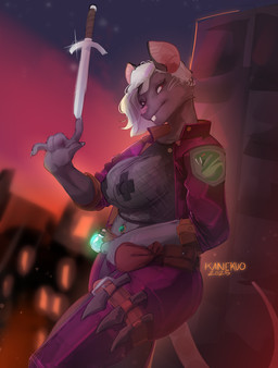 anthro balancing_object belt big_breasts bottomwear breasts clothing dagger female fishnet_clothing fishnet_legwear fishnet_topwear fur grey_body grey_fur hair jacket leaning leaning_backward leather leather_bottomwear leather_clothing leather_jacket leather_pants leather_topwear legwear looking_at_viewer melee_weapon navel navel_piercing on_finger pants pasties patch_(fabric) piercing potion potion_bottle pouch_(clothing) rat_tail red_eyes solo tail throwing topwear weapon whiskers white_hair kanekuo dungeons_and_dragons hasbro wizards_of_the_coast mammal murid murine rat rodent 2025 hi_res