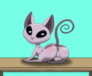 anus backsack balls balls_blush black_sclera blue_background blush blushing_butt body_blush butt curved_tail ears_up feral furniture genitals long_tail looking_at_viewer looking_back lying male markings pawpads paws perineum pink_nose purple_body simple_background solo table tail thin_tail russleblackheart kid_vs._kat mr._kat alien domestic_cat felid feline felis mammal hi_res