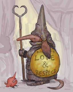 ambiguous_gender anthro armor duo eyes_closed feral headgear helmet knight long_ears long_nose long_snout looking_at_another melee_weapon pink_body polearm shield side_view snout tail teeth text warrior weapon whiskers wings skrumpgoblin unknown_species english_text hi_res