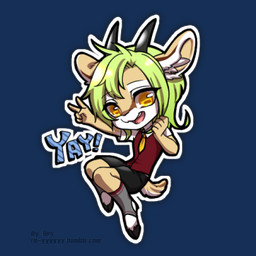 5_fingers anthro biped chibi clothed clothing femboy fingers green_hair hair hooves horizontal_pupils horn male open_mouth open_smile pupils smile solo tail re-yyyyyy jella_(re-yyyyyy) antelope bovid mammal 1:1 2015 alpha_channel low_res