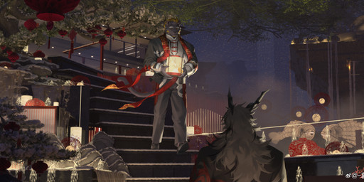 anthro black_horn blonde_hair bottomwear clothed clothing duo front_view fur grey_body grey_bottomwear grey_clothing grey_fur grey_pants grey_topwear hair holding_lantern holding_object horn lamp lantern male male_anthro mouth_closed night outside pants rear_view topwear walking white_hair yellow_eyes awaldkize felid mammal 2025 absurd_res dated hi_res
