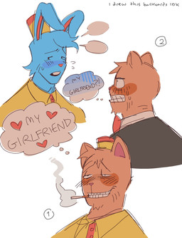 anthro blush cigarette duo fast_food_uniform heart_symbol male male/male smile smirk smoking text sillymoldo deltarune undertale undertale_(series) burgerpants nicecream_man domestic_cat felid feline felis lagomorph leporid mammal rabbit english_text hi_res
