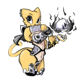 5_fingers anthro armor bedroom_eyes big_breasts bone breasts cleavage clothed clothing female fingers fur half-closed_eyes looking_at_viewer magic narrowed_eyes navel piercing pose seductive simple_background skimpy skull smile solo standing white_background yellow_body yellow_fur kimsan-stuff microsoft prequel_adventure the_elder_scrolls katia_managan felid khajiit mammal source_request unavailable_at_source